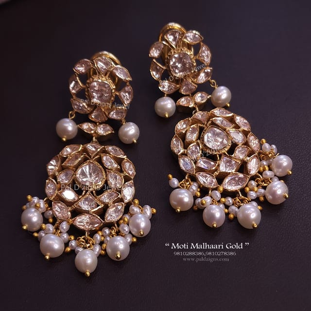 Moti Malhaari Gold Moissanite Polki Earring