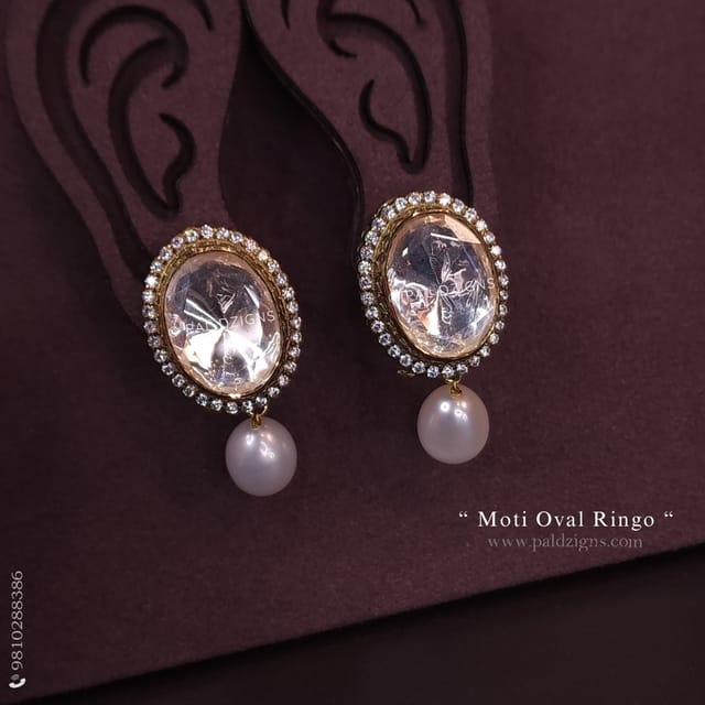 Moti Oval Ringo Moissanite Polki Stud